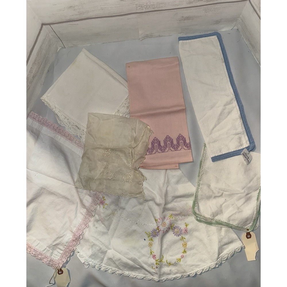 Vintage Estate Linen Lot, Crochet , Embroider, Napkins , Table Cover Etc Granny